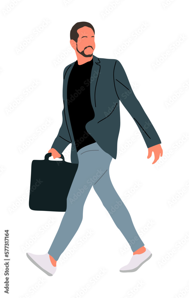 Businessman Walking With Briefcase. Handsome Bearded Business Man In 