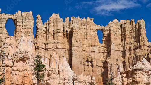 Close up scenic view of the wall of windows on Peekaboo hiking trail in Bryce Canyon National Park  Utah  USA. Massive steep hoodoo sandstone rock formations in natural amphitheatre in sunny summer