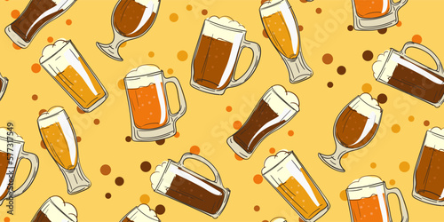 A pattern of beer glasses, mugs. Graphics on a yellow background. Vintage vector illustration for poster printing, party invitations. Hand-drawn background, with the effect of beer bubbles