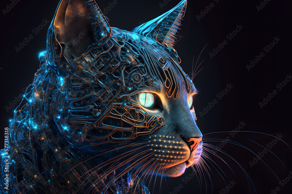 Portrait of a futuristic robot cat. An artistic abstract cyberpunk ...