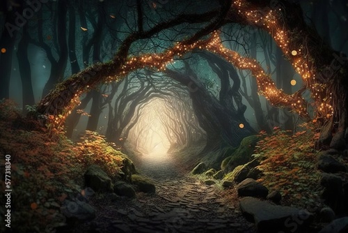 Magical forest with glowing dusts, generative a photo