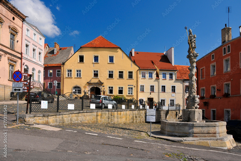 Fountain with a statue of St. Maternus and Kargul and Pawlak Museum. Lubomierz, Lower Silesian Voivodeship, Poland.