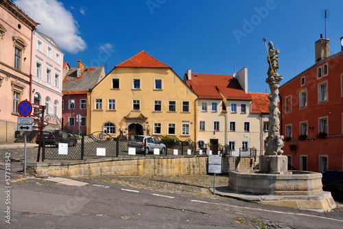 Fountain with a statue of St. Maternus and Kargul and Pawlak Museum. Lubomierz, Lower Silesian Voivodeship, Poland.