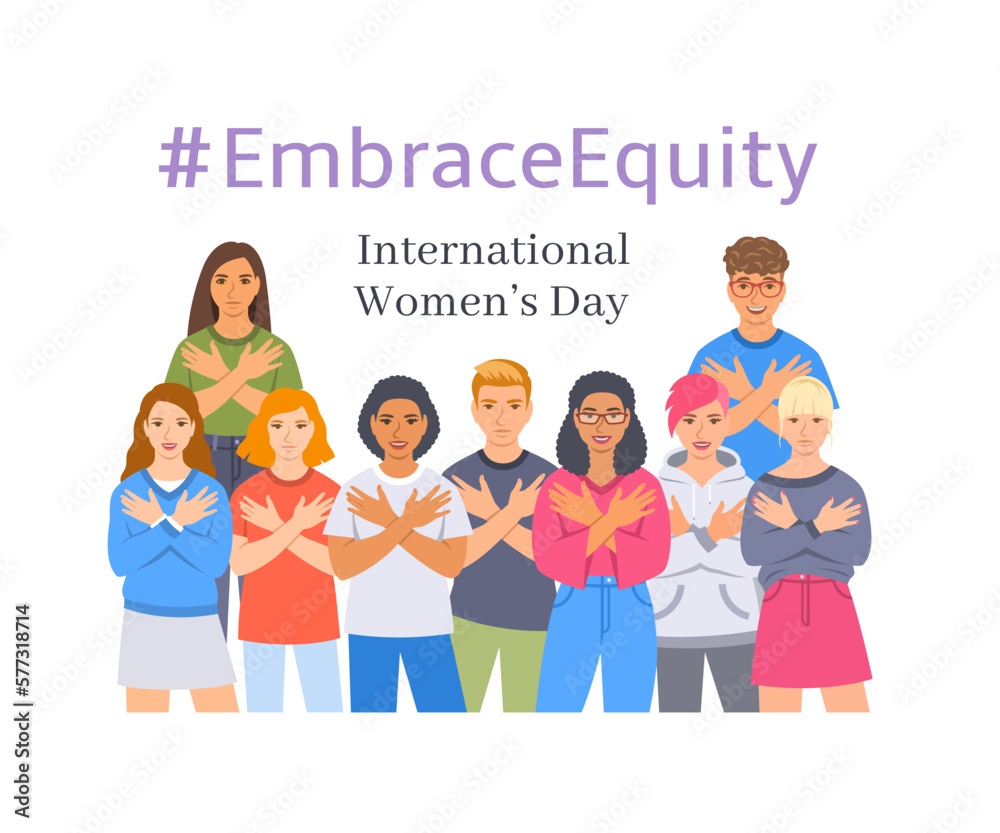 Embrace equity campaign. International Women's Day 2023 theme. Smiling diverse women and men hugging themselves to stop gender discrimination and stereotypes. Gender equal inclusive world. Embrace equity campaign. International Women's Day 2023 theme. Smiling diverse women and men hugging themselves to stop gender discrimination and stereotypes. Gender equal inclusive world.