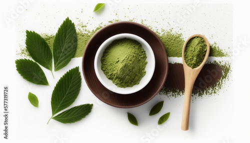 Matcha green tea powder in a ceramic bowl with leaves and wooden spoon, ideal for healthy lifestyle themes.