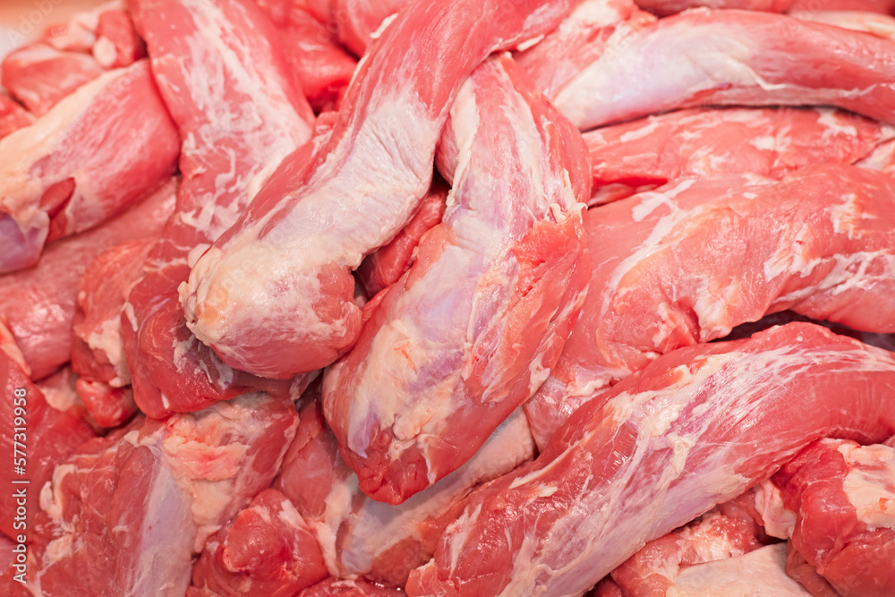 pieces of fresh lamb and beef meat close-up, sale, horizontal