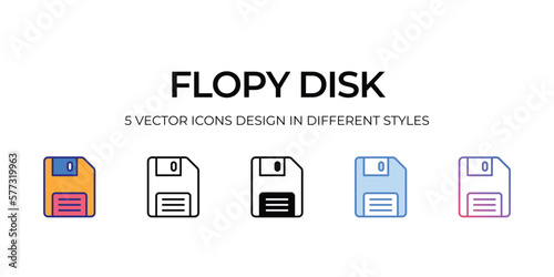 floppy disk Icon Design in Five style with Editable Stroke. Line, Solid, Flat Line, Duo Tone Color, and Color Gradient Line. Suitable for Web Page, Mobile App, UI, UX and GUI design.