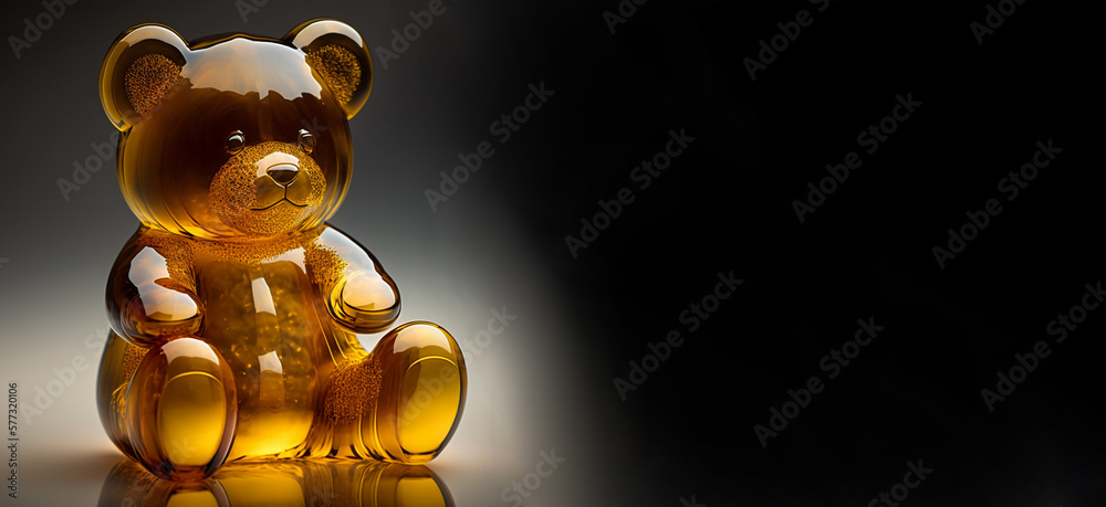 Golden teddy bear figurine on a dark background, an elegant take on a classic toy, perfect for luxury designs.