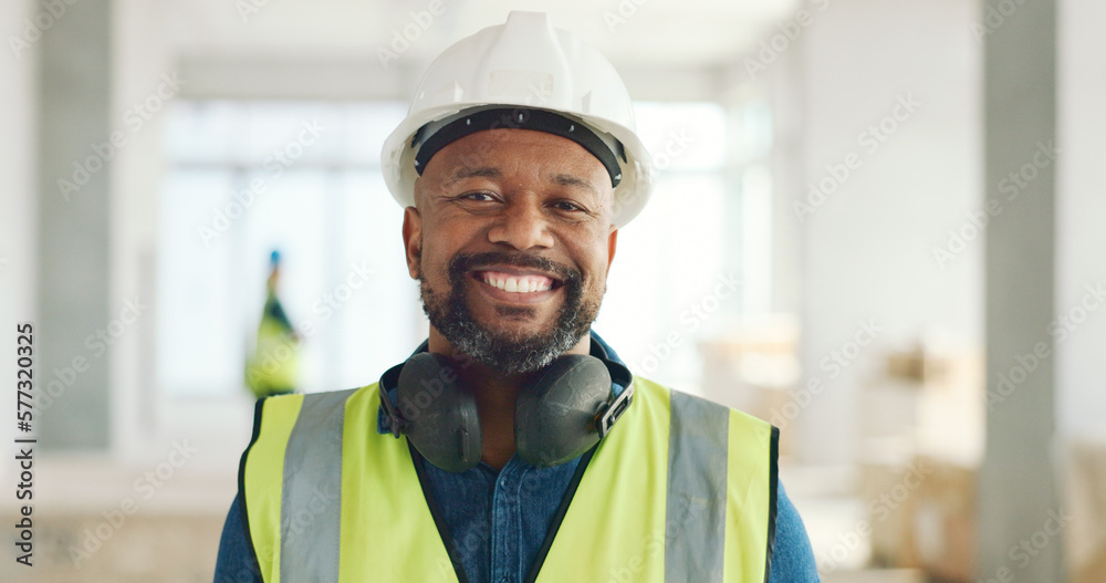Construction, building and construction worker, man and smile in portrait, employee at construction site with work vest and safety helmet. Working, architecture industry and renovation job. Construction, building and construction worker, man and smile in portrait, employee at construction site with work vest and safety helmet. Working, architecture industry and renovation job.