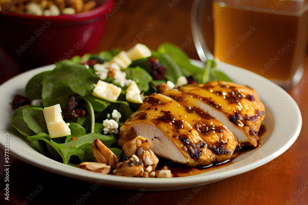Grilled Chicken Salad: Grilled chicken served over a bed of mixed greens, topped with sliced apple, walnuts, and goat cheese. Drizzle with a homemade honey mustard vinaigrette. Grilled Chicken Salad: Grilled chicken served over a bed of mixed greens, topped with sliced apple, walnuts, and goat cheese. Drizzle with a homemade honey mustard vinaigrette.