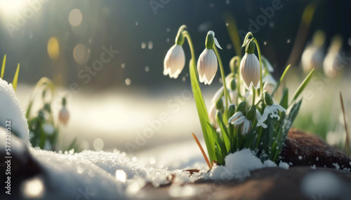 Beautiful White Snowdrops Emerging from Snow at the edge of a forest on a bright Spring sunny day. Call For spring- Spring its here Generative AI