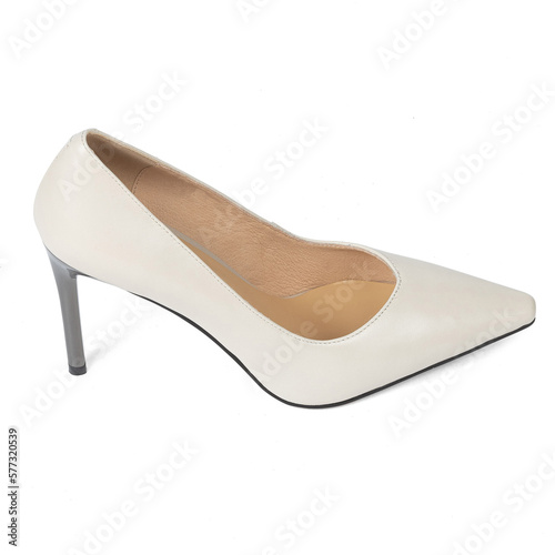 White women's classic shoes with a sharp toe with thin heels on a white background