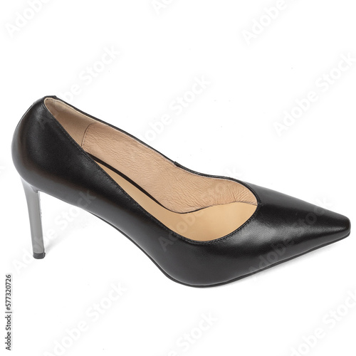 Black women's classic shoes with a sharp toe with thin heels on a white background