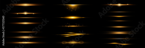 Yellow horizontal lens flares pack. Laser beams, horizontal light rays. Glow transparent vector light effect set, explosion, shine, spark, solar flare.