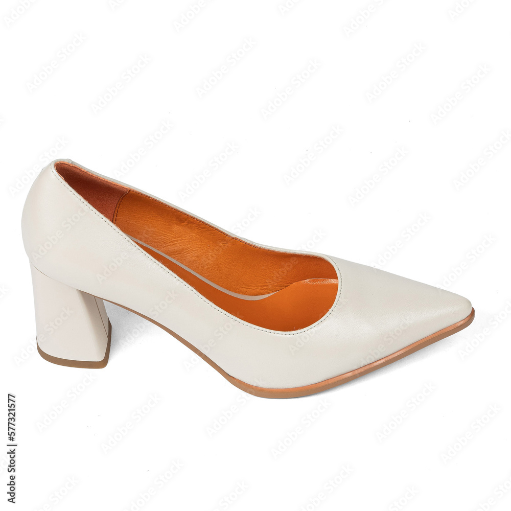 Beige comfortable office women's shoes with black sole with thick heels and a sharp nose on a white background