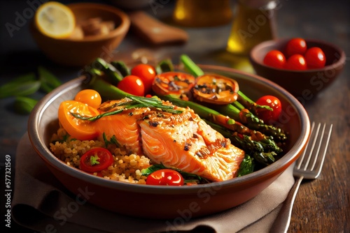 Salmon and Quinoa Bowl: Grilled or baked salmon served with cooked quinoa, roasted asparagus, cherry tomatoes, and a side of hummus. photo