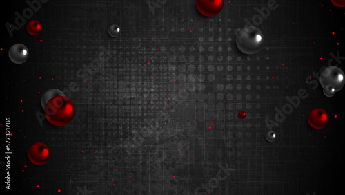 Red black glossy spheres and shiny dots grunge background