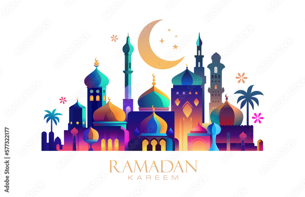 Ramadan Kareem Geometric style colorful greeting card or banner vector illustration of a lantern Fanus. the Muslim feast of the holy month of Ramadan Kareem. Translation Arabic: Generous Ramadan - obrazy, fototapety, plakaty 