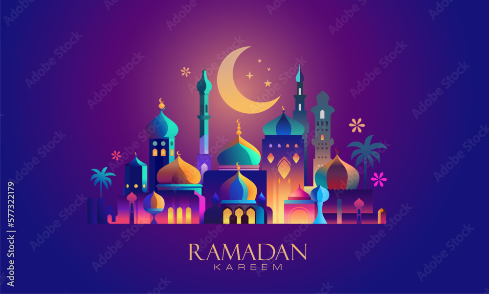 Ramadan Kareem Geometric style colorful greeting card or banner vector illustration of a lantern Fanus. the Muslim feast of the holy month of Ramadan Kareem. Translation Arabic: Generous Ramadan