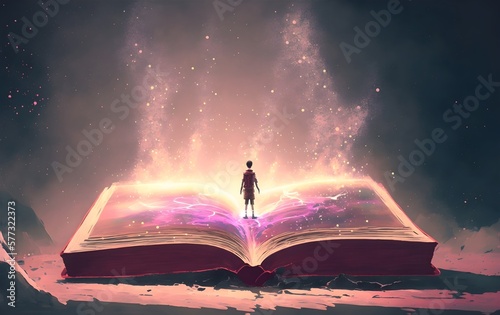 Boy standing on the opened giant book with fantasy light, digital art style, illustration painting, Generative AI