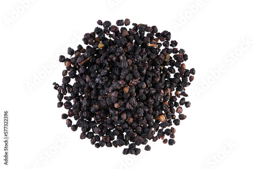 Overhead view of dried elderberry (Sambucus nigra), isolated on white background