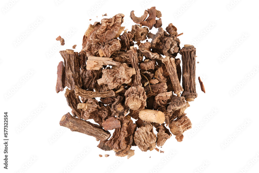 Overhead view of anantamul root (Hemidesmus indicus), also called Indian Sarsaparilla, isolated on white background Overhead view of anantamul root (Hemidesmus indicus), also called Indian Sarsaparilla, isolated on white background