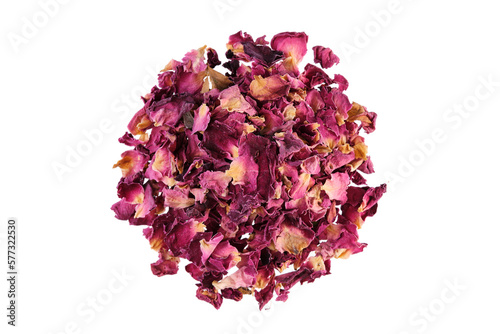 Overhead view of dried red rose petals (Rosa damascena), isolated on white background