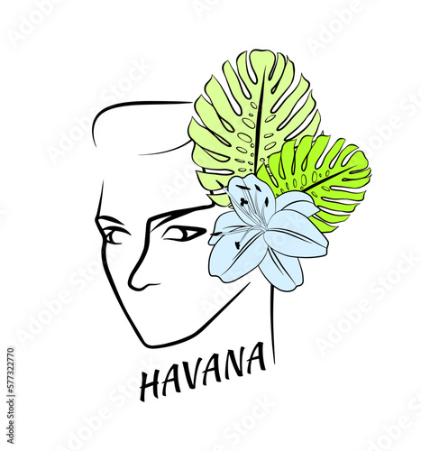 Outline beautiful lady portrait, t-shirt print template. Hand drawn female face with tropical flowers. Havana.