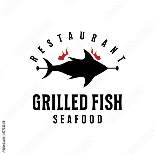 Grilled fish with grill for seafood restaurant logo