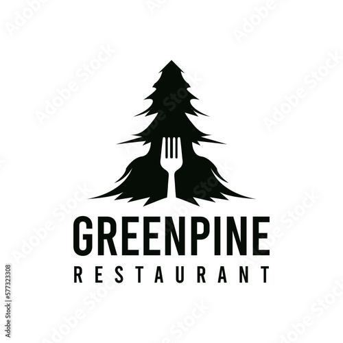Pine tree with fork, forest nature feel for outdoor concept restaurant logo