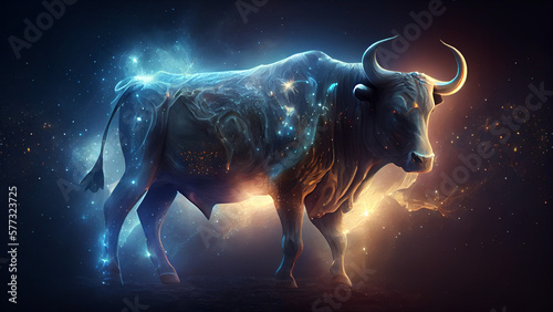 Fantasy image of bull in dark space. AI generativ.