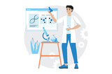 Science lab blue concept with people scene in the flat cartoon design. Researcher analyzes the results of an experiment in a scientific laboratory. Vector illustration.