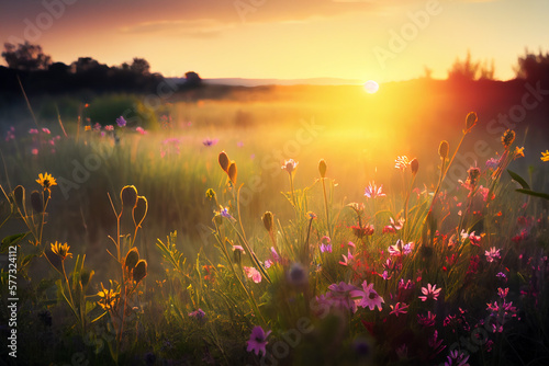 Sunset in meadow with wildflowers, generative art
