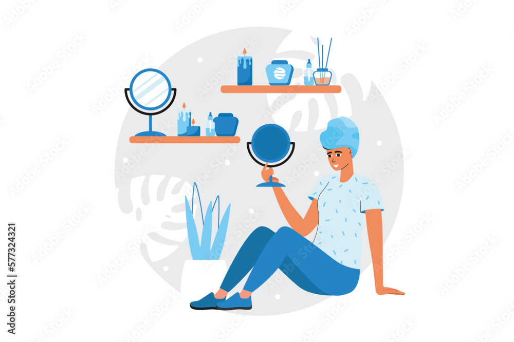 Spa salon blue concept with people scene in the flat cartoon style. Girl does procedures in a spa salon to keep her body in good shape. Vector illustration.