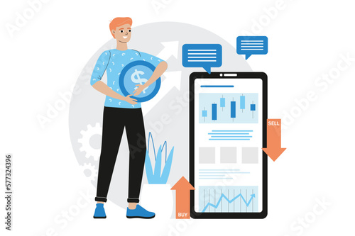 Blue concept Stock market with people scene in the flat cartoon style. Financial expert presents charts and diagrams that reflect the state of the stock market. Vector illustration.