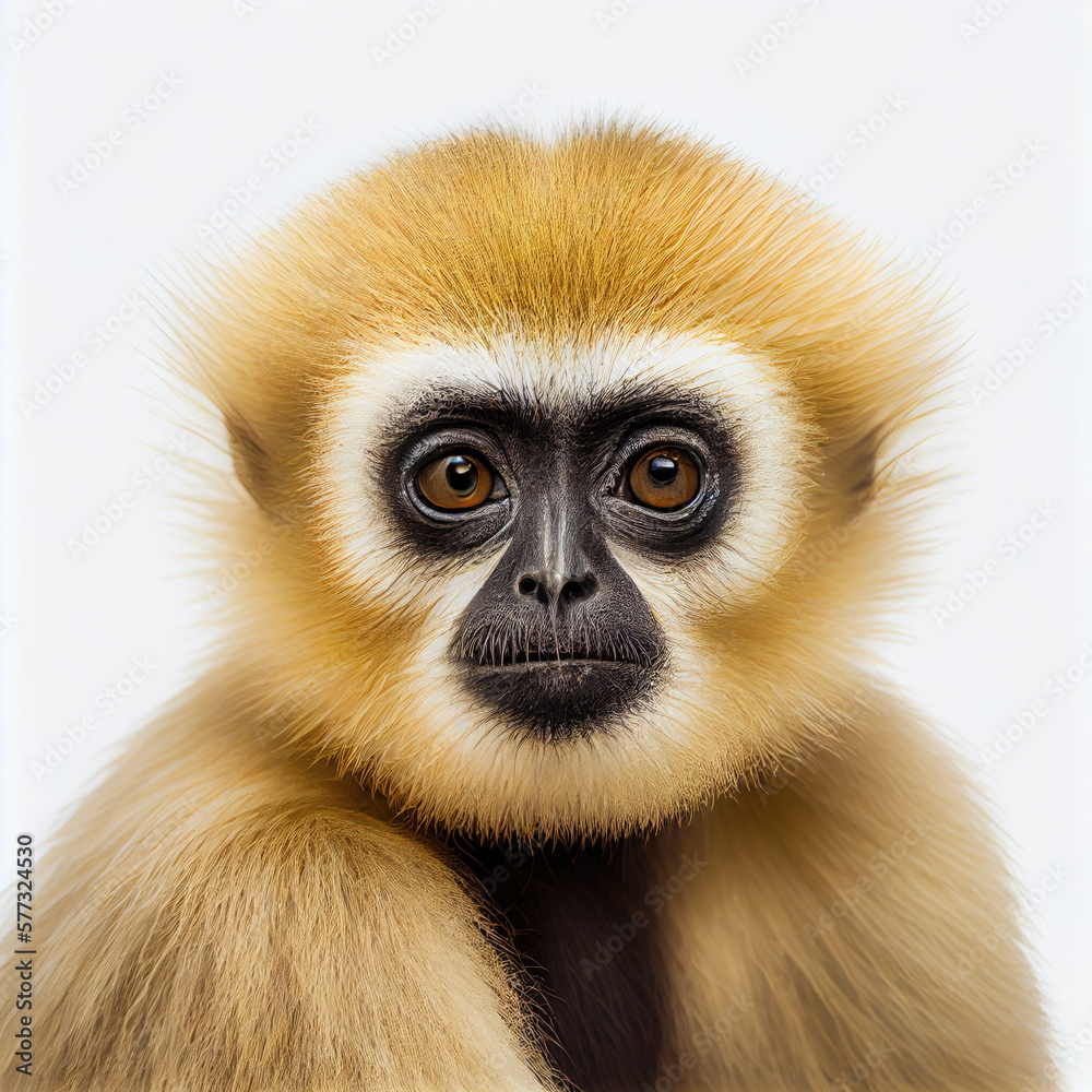 Adult Yellow Cheeked Gibbon portrait isolated on a white background. Generative AI. 