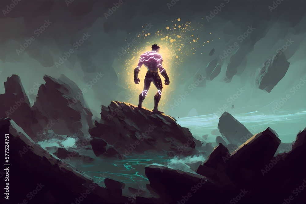Fototapeta premium superhuman with glowing arms standing on the rocks, digital art style, illustration painting, Generative AI