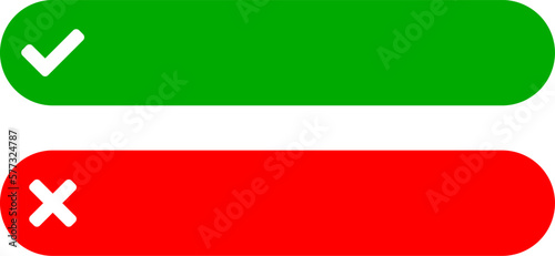 Green and Red Yes and No or Right and Wrong or Approved and Declined Quiz Question Answer or Choice Icon Set with Check Mark and X Signs. Vector Image.