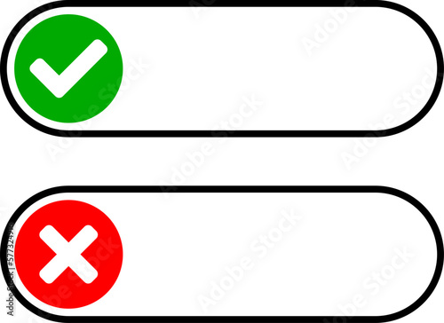 Green and Red Yes and No or Right and Wrong or Approved and Declined Quiz Question Answer or Choice Icon Set with Check Mark and X Signs. Vector Image.