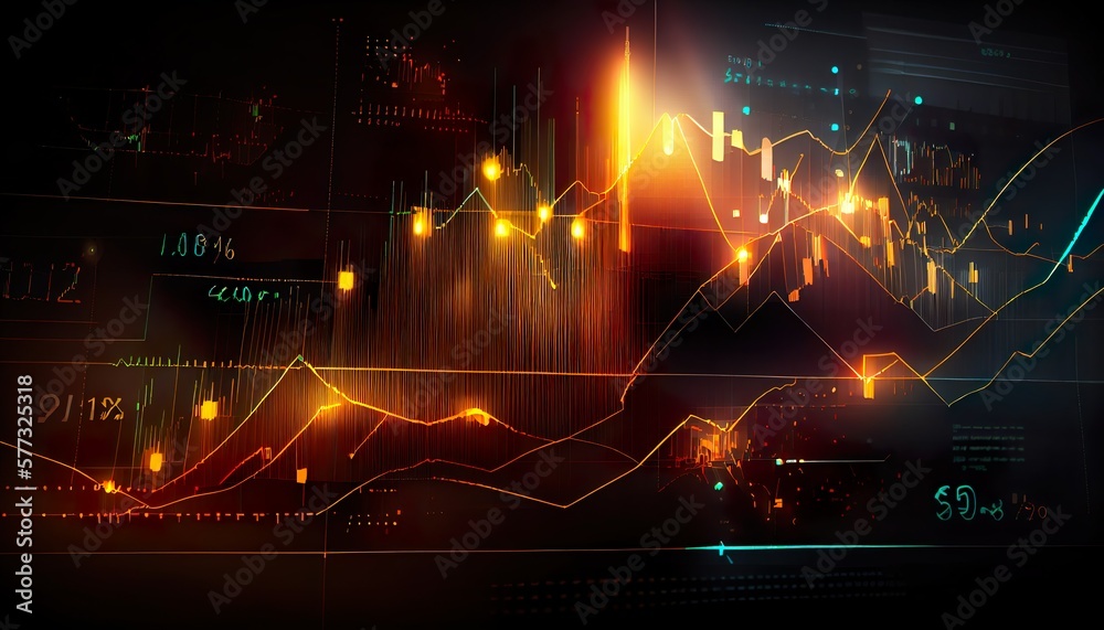 Fototapeta premium Financial graphs, glowing lines and diagram on digital screen. Trading market and economic concept. Financial crisis and inflation