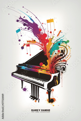 Classical piano musical instrument and flowing sound with musical notes flat illustration created with Generative AI technology