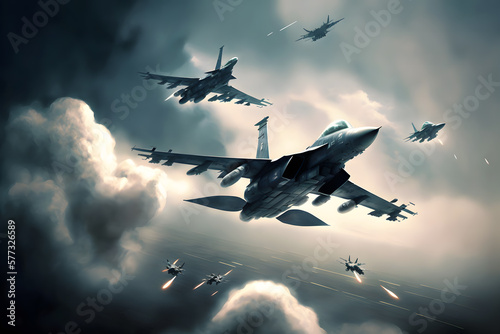Fototapeta Formation of destroyer jets float in sky during aviation battle