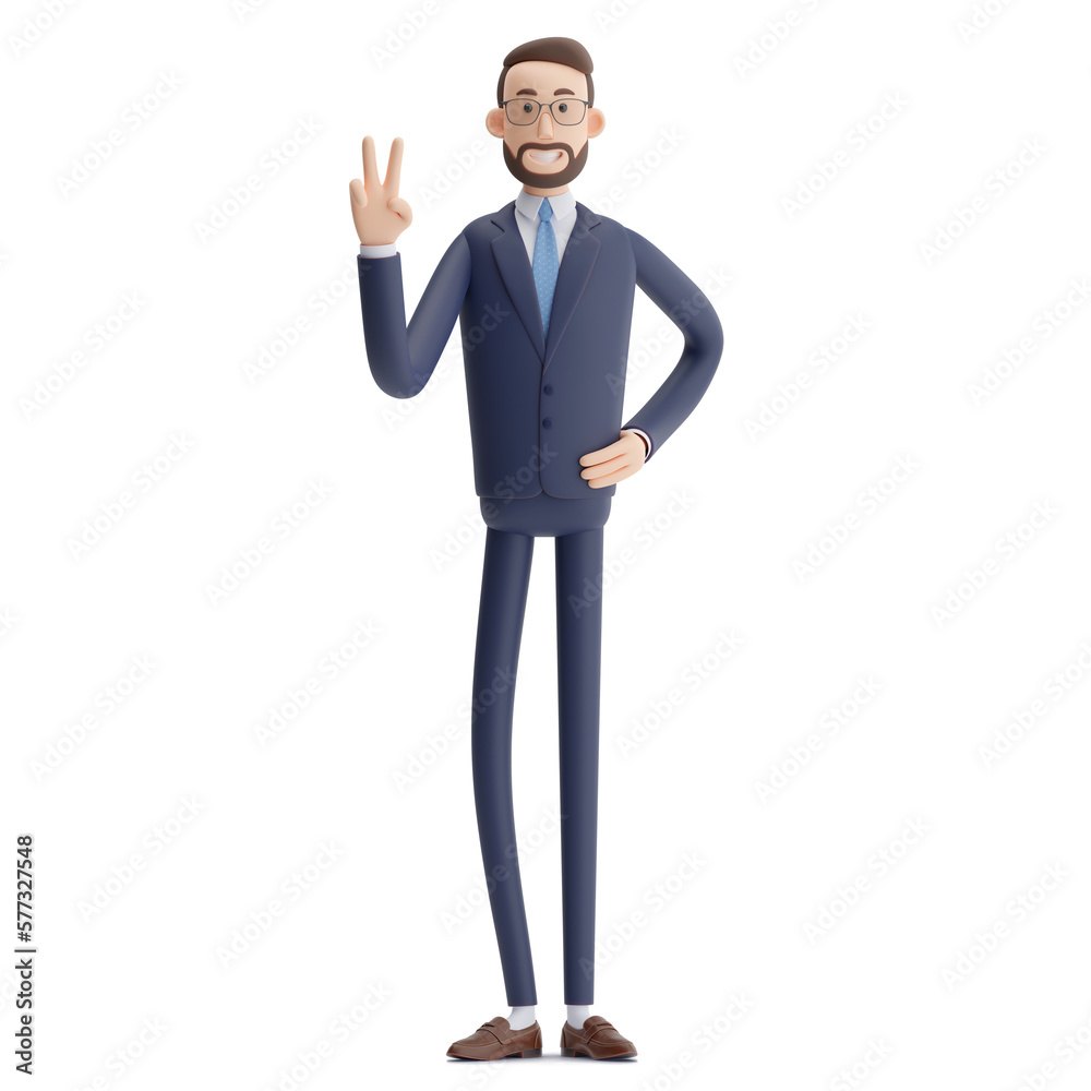 3D illustration of a successful and business cartoon person peace hand sign. Man of blue suit shows fingers doing peace sign, victory symbol, number two. 3d render character