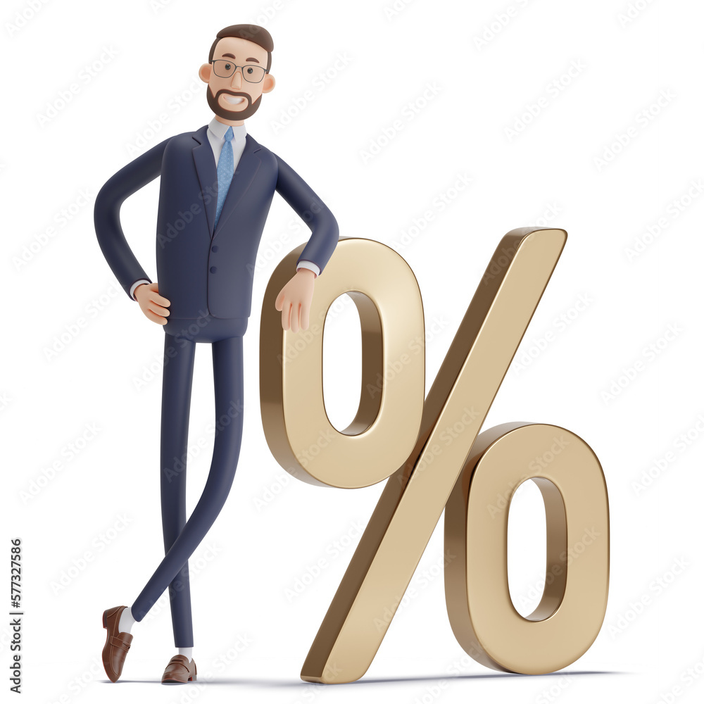 3D Cartoon character Alex standing next to a gold big percentage symbol ...