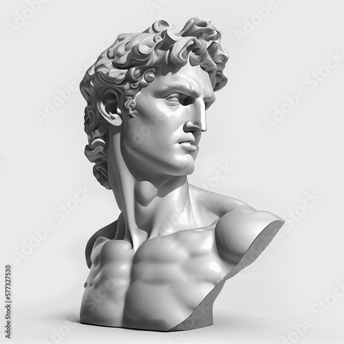 Head of statue, David sculpture bust, 3D gypsum head. Generative Ai. Y2K trendy style. On white background.