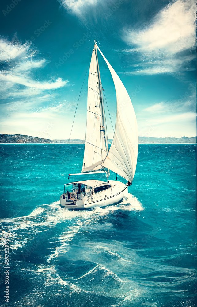 Naklejka premium sailing yacht in calm sea. beautiful seascape. ai generative