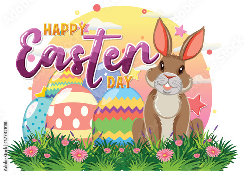 Happy Easter with Cute Bunny for Banner or Poster Design