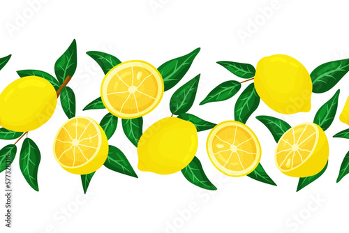 Horizontal Seamless border of lemons branch on white background. Vector cartoon style illustration. Backdrop for wallpaper, textile, fabric, wrapping
