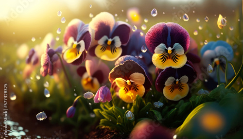 Beautiful Pansies Emerging from Fresh Soil at the edge of a forest on a bright Spring sunny day. Call For spring- Spring its here Generative AI