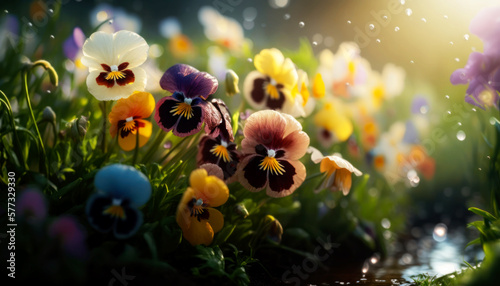 Beautiful Pansies Emerging from Fresh Soil at the edge of a forest on a bright Spring sunny day. Call For spring- Spring its here Generative AI